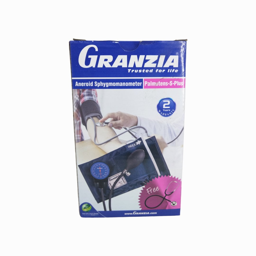 Granzia Aneroid Sphygmomanometer S-Plus <p>Palmotens S Plus pressure monitor</p><p>- Anti-shock steel frame, which lasts longer</p><p>- Easy to carry</p><p>Clear reading</p><p>Stylish bag</p><p>- Arm girth size from 25:42 cm</p><p>Gift stethoscope</p><p>All Italian Granzia products come with a two-year warranty</p> Granzia Aneroid Sphygmomanometer S Plus 027 01