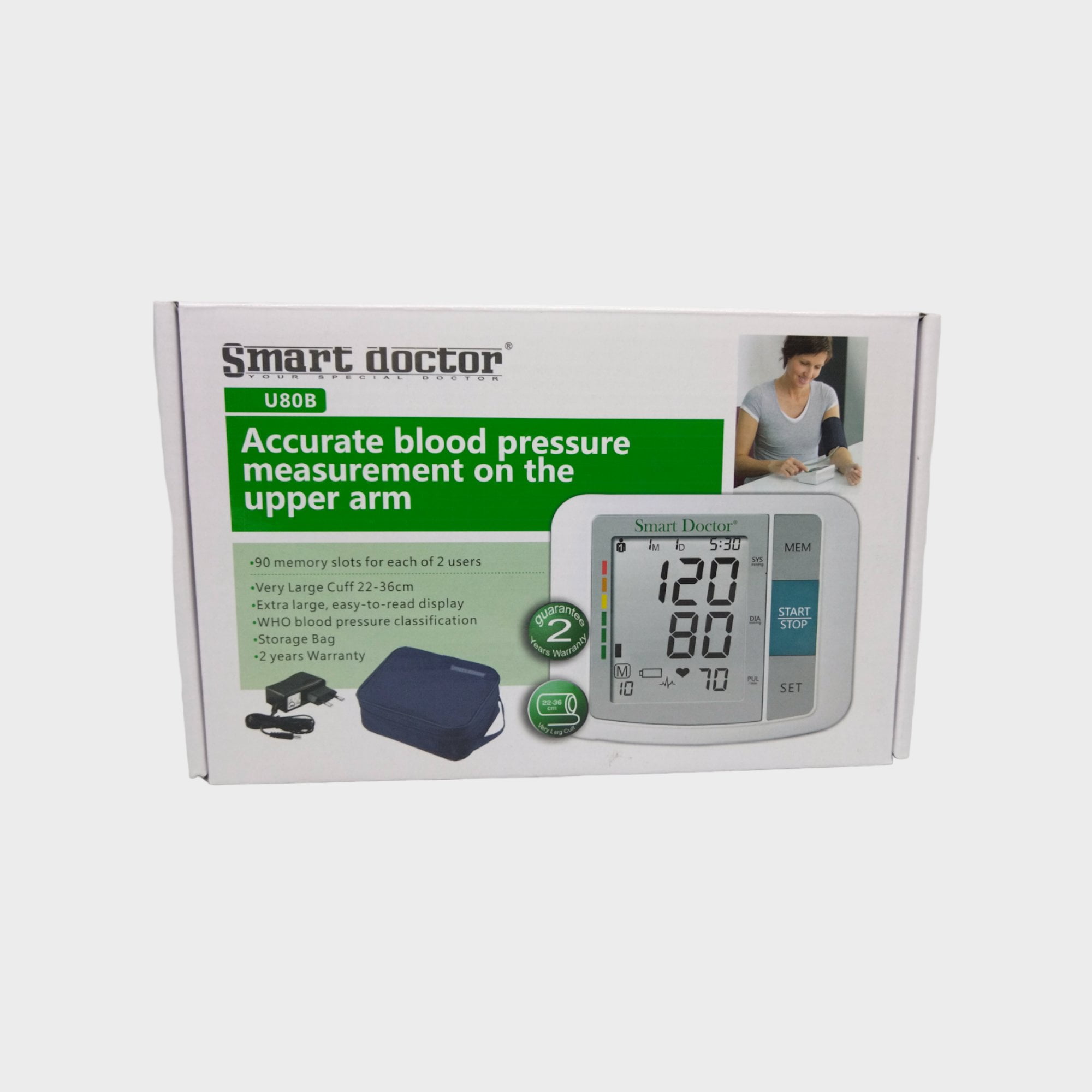 Smart Doctor Automatic Blood Pressure Monitor U80B <p>Automatic blood pressure monitor in the upper arm<br>Smart Doctor U8OB blood pressure monitor device from Smart Doctor brand, to avoid high blood pressure and hypertension, and it is useful in the irregular heartbeat.</p><p>90 memory slots for each of 2 users</p><p>very large cuff 22-36 cm</p><p>extra large . easy to read display</p><p>who blood pressure classification</p><p>storage bag</p><p>2 years warranty</p> Smart Doctor Automatic Blood Pressure Monitor U80B 015 01