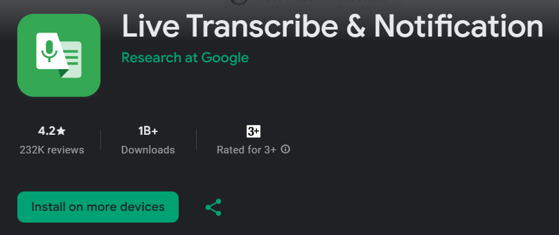 الصورة عبارة عن لقطة شاشة لقائمة متجر التطبيقات لتطبيق يسمى "Live Transcribe & Notification".