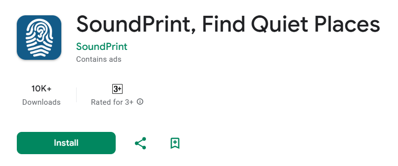 تُظهر الصورة لقطة شاشة لصفحة متجر التطبيقات لتطبيق يُسمى "SoundPrint, Find Quiet Places".
