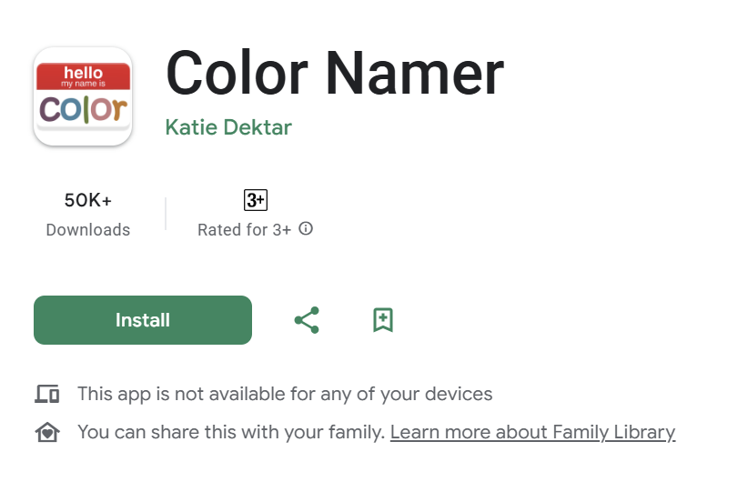 تُظهر الصورة صفحة متجر جوجل بلاي لتطبيق يُسمى "Color Namer".