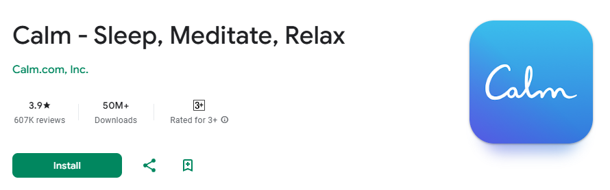 تُظهر الصورة صفحة متجر التطبيقات للتطبيق المسمى "Calm - Sleep, Meditate, Relax".