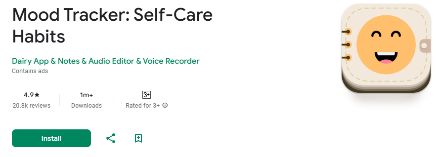 تُظهر الصورة قائمة تطبيق جوال على متجر جوجل بلاي بعنوان "Mood Tracker: Self-Care Habits".
