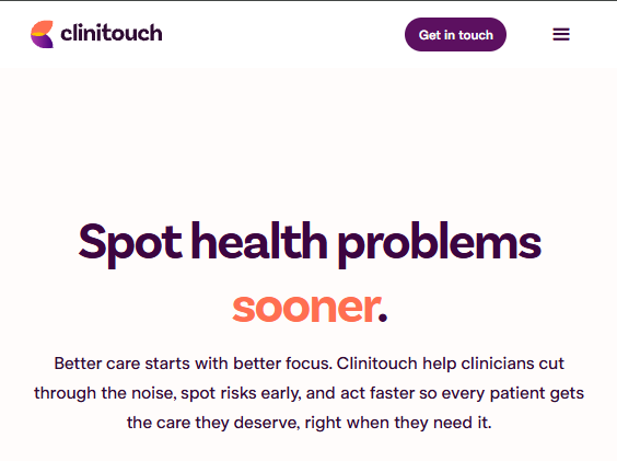 موقع Clinitouch الإلكتروني بعنوان "اكتشف المشاكل الصحية مبكراً" وبيان مهمة حول تقديم رعاية أفضل من خلال مساعدة الأطباء على تجاوز الضوضاء، واكتشاف المخاطر مبكراً، والتصرف بشكل أسرع.