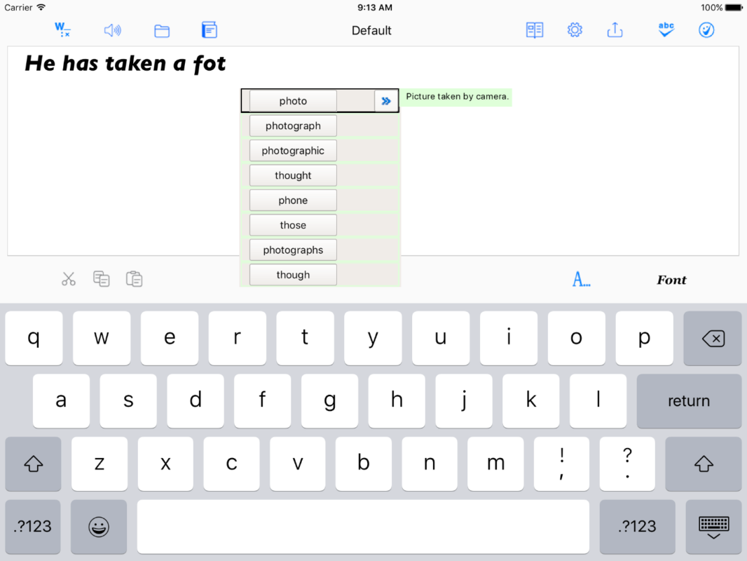 The image depicts a screenshot of a tablet or computer screen showing a word prediction software interface.