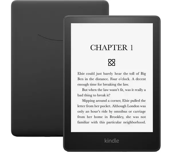 تُظهر الصورة جهاز Kindle اللوحي الذي يدعم القراءة على الشاشة البيضاء وإمكانية تعديل الخط.