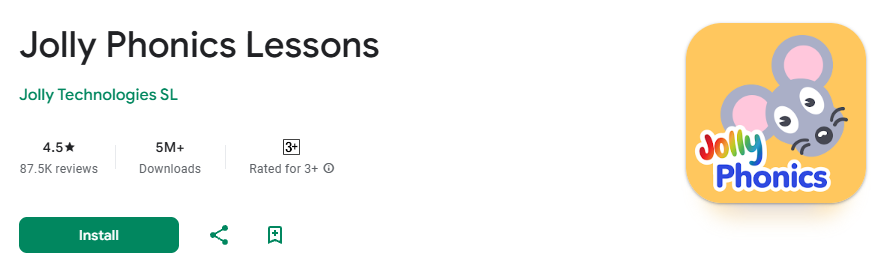 The image displays the app store page for an application titled "Jolly Phonics Lessons".