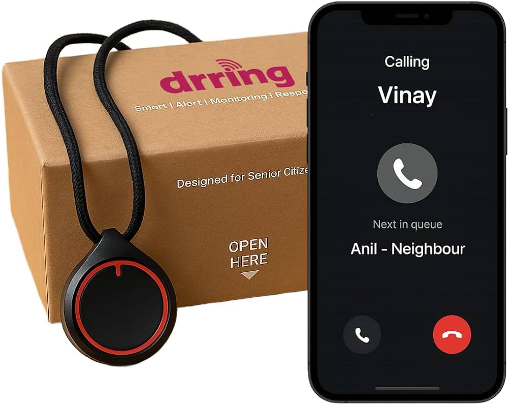 تُظهر الصورة منتجًا يُسمى "drring"، والذي يبدو أنه زر تنبيه للطوارئ يمكن ارتداؤه ومصمم لكبار السن.