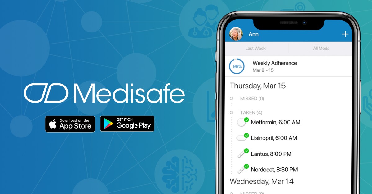 هذه الصورة عبارة عن لقطة شاشة لتطبيق Medisafe للتذكير بتناول الأدوية على هاتف ذكي، وهي تروج لميزات التطبيق.